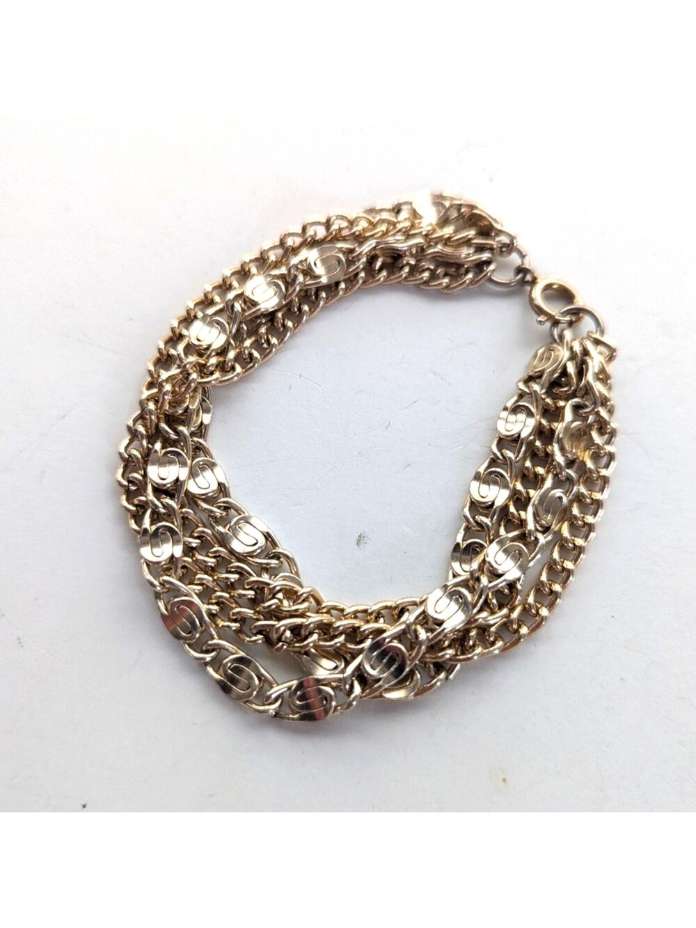 Vintage Estate Gold Tone Multi Strand Textured Paper Clip Chain Bracelet